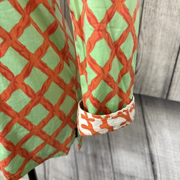 Tizzie Women's Large Green & Orange Contrast Cuff Long Sleeve Button-Front Shirt - Picture 2 of 6